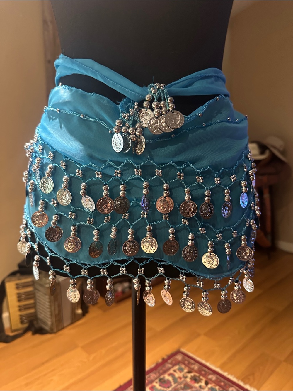 Blue Coin Fringe Belly Dance Hip Scarf